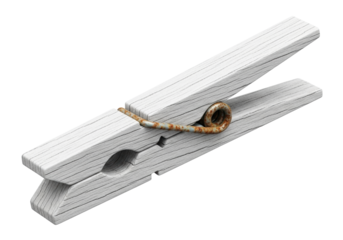 Broken wooden clothespin, sun-bleached white, weathered grain, splintered, corroded rusty spring. Pristine studio, transparent background, no shadows, macro 3/4 view. Concept of aging and decay
