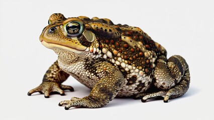 Fototapeta premium On a light gray background there is a large toad with pimply skin mixed with brown, beige and red shades. Golden eyes with dark pupils emphasize her uniqueness and character.