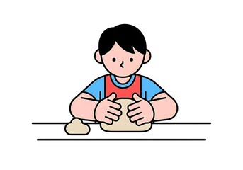 Kid kneading dough on table making food in the kitchen flat illustration
