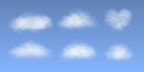 Vector white cloud. Fog smoke effect on transparent blue background.