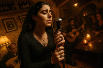 In the Heart of Lisbon’s Night, a Fado Singer Pours Her Soul Into Song, Filling the Intimate Room With Passion and Saudade.

