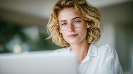 Confident young businesswoman with blonde hair and glasses working on laptop in bright minimalist workspace, modern remote work and digital entrepreneurship lifestyle concept