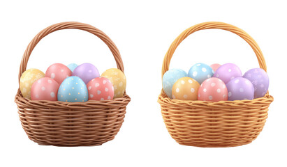 Two woven baskets, filled with pastel-colored Easter eggs with polka dots