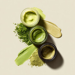 Green Gourmet Sauces in Glass Jars — Top View of Matcha, Herb, and Avocado Spreads with Natural Texture and Powder on Light Background, Artistic Imperfect Food Styling for Editorial Use