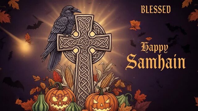 Happy Samhain Blessed. Celtic cross with a raven, jack-o-lanterns, and autumn leaves for a pagan holiday celebration.