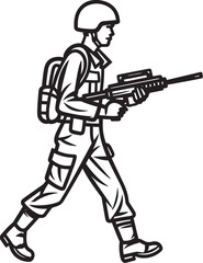 Naklejka premium Vector Black Logo of Soldier Walking Ready for Combat Walking Soldier Carrying Weapon Vector Black Logo Icon