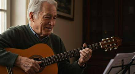 An elderly Caucasian man smiles while playing guitar in a cozy room, showcasing passion and joy in his music with sheet music nearby