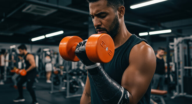 A muscular man with prothetic hand focused on lifting a dumbbell in a gym, showcasing determination and strength, while others work out in the background