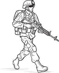 Fototapeta premium Walking Soldier Carrying Weapon Vector Black Icon Soldier Walking with Gun Vector Black Logo Illustration