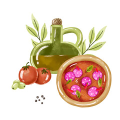 Card with Pizza, olive oil, tomato. Card for caffe, restaurant hand drawn watercolor illustration on isolated background