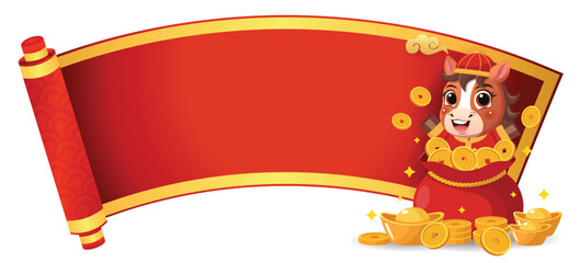 Happy Chinese New Year Horse with Red Scroll Banner