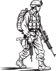 Fototapeta premium Soldier Walking with Firearm Vector Black Logo Walking Soldier Holding Weapon Vector Black Icon