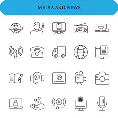 News media Web Icon Set in Line Style. Collection of Mass media Linear Icons, Including tv, radio, newspaper, journalism and more.