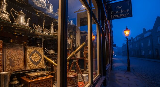 Antique shop window display with vintage silver, books, and telescope at dusk