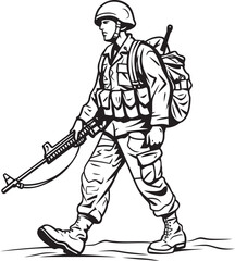 Fototapeta premium Black Vector Icon of Soldier Walking with Rifle Vector Black Logo of Soldier Walking Armed