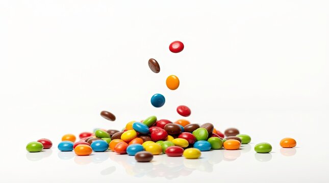 Colorful candies falling isolated on solid white background, 3d rendering