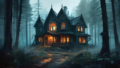 Mysterious haunted house adventure enchanted forest digital art dark atmosphere spooky mood