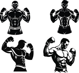 Mixed martial arts fighters sparring,Black and White Vector Illustration Muscular Boxer Fighting Stance Boxing Gloves Intense Expression