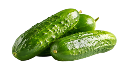 A studio shot of three bumpy, green cucumbers.