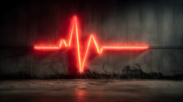 Vibrant red neon heartbeat line on a dark textured background