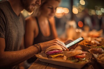 Couple eating burgers outdoors using smartphone