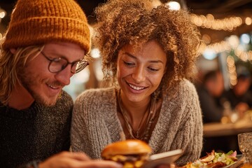 Couple looking at smartphone in restaurant