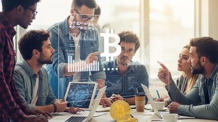 Group of young business people discussing Bitcoin cryptocurrency. Team of colleagues analyzing financial data charts on a virtual screen in a modern office. - Powered by Adobe