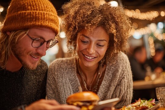 Couple looking at smartphone in restaurant