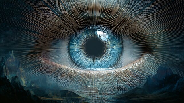 eyes radiating beams of light that unveil multiple planes of reality, augmented human consciousness, symbolic vision layers, surreal futuristic portrait 