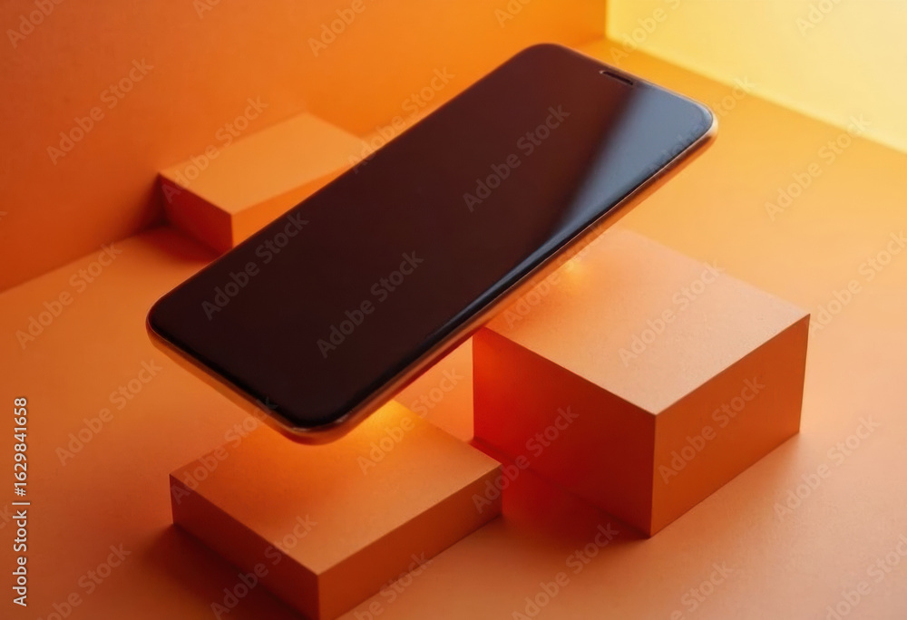 Poster modern smartphone mockup displayed on floating geometric blocks