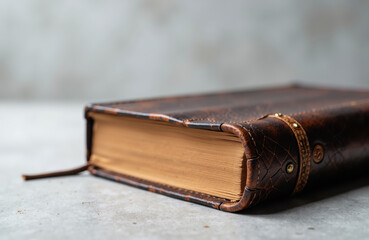 Old leather-bound book with gold accents lying on a concrete surface
