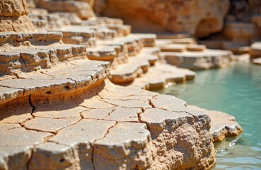 Natural stone terraces with layered sedimentary formations beside a water feature