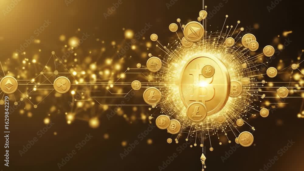 Aufkleber golden bitcoin at the center of a cryptocurrency network. digital currency and blockchain technology