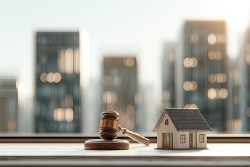 Wooden gavel and miniature house on windowsill, cityscape background