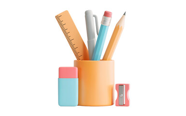 Collection of colorful school supplies in a holder with eraser and sharpener isolated on transparent background