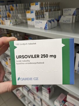 Prague,Czech Republic-May 6 2025: Ursoviler 250 mg capsules with ursodeoxycholic acid for liver treatment