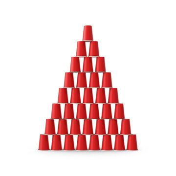 Pyramid of Red Plastic Cups Isolated on Transparent Background