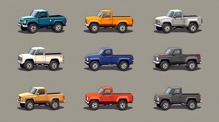 Naklejka premium Digital illustration depicts nine vintage pickup trucks in various colors and styles with black tires.