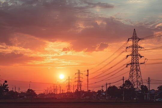Power lines stretch across a landscape at sunset - Powered by Adobe