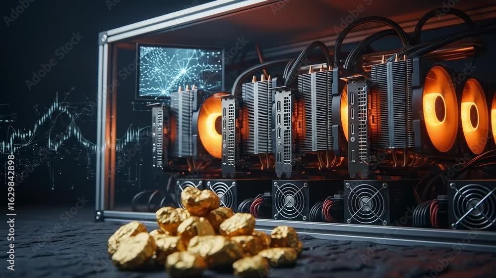 Aufkleber cryptocurrency mining rig with glowing gpus and a pile of gold nuggets. blockchain technology concep