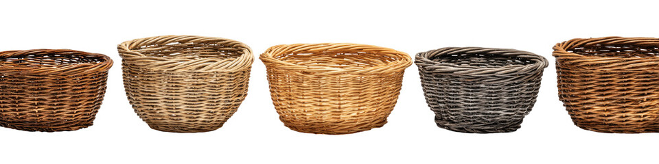 Five shallow, woven baskets in varying shades