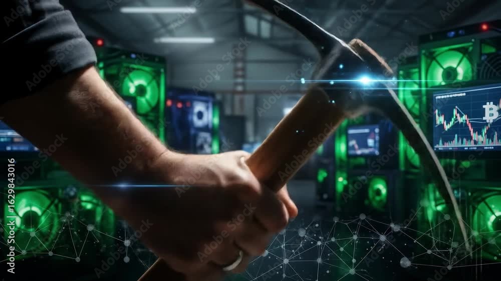 Aufkleber crypto miner holding a pickaxe in a modern cryptocurrency mining farm. conceptual image of bitcoin m