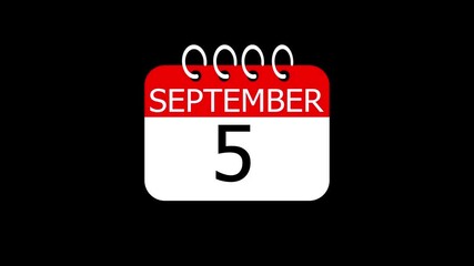 day date 5 September concept template calendar page animation concept. Calendar with the date September 5 on a black background. September 5 - Daily Calendar Icon in flat design style.