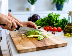 female hands preparing fresh healthy avocado salad