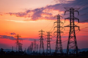 Fototapeta premium Silhouette of power lines at sunset