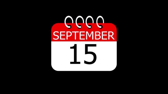 day date 15 September concept template calendar page animation concept. Calendar with the date September 15 on a black background. September 15 - Daily Calendar Icon in flat design style.