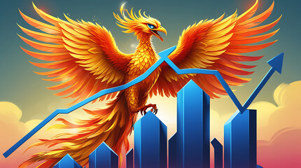 An animated fiery phoenix rising with upward-moving stock market arrow and bar graph, symbolizing growth and resilience, HD and 4K image