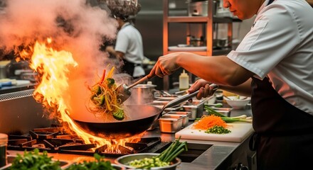 Chef cooking noodles with vegetables in a wok with flames and steam