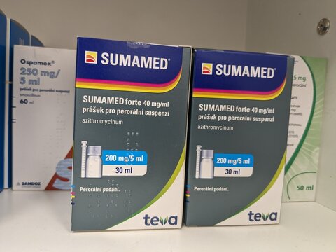 Prague,Czech Republic-May 6 2025: Sumamed oral antibiotic syrup with azithromycin used in pediatric bacterial infections