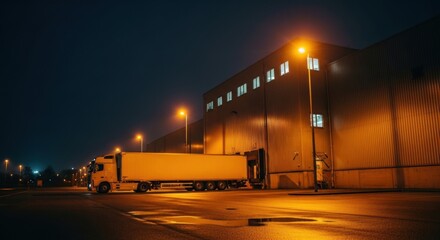 Nighttime loading dock with illuminated warehouse and truck in industrial setting